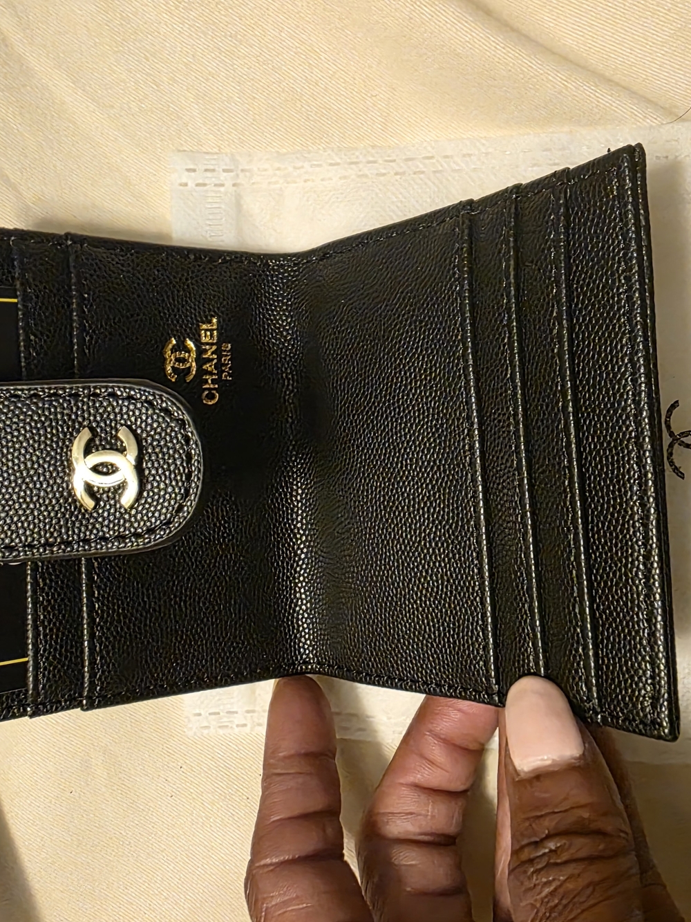 Black Pebbled Leather Bifold Card Wallet With Gold Hardware